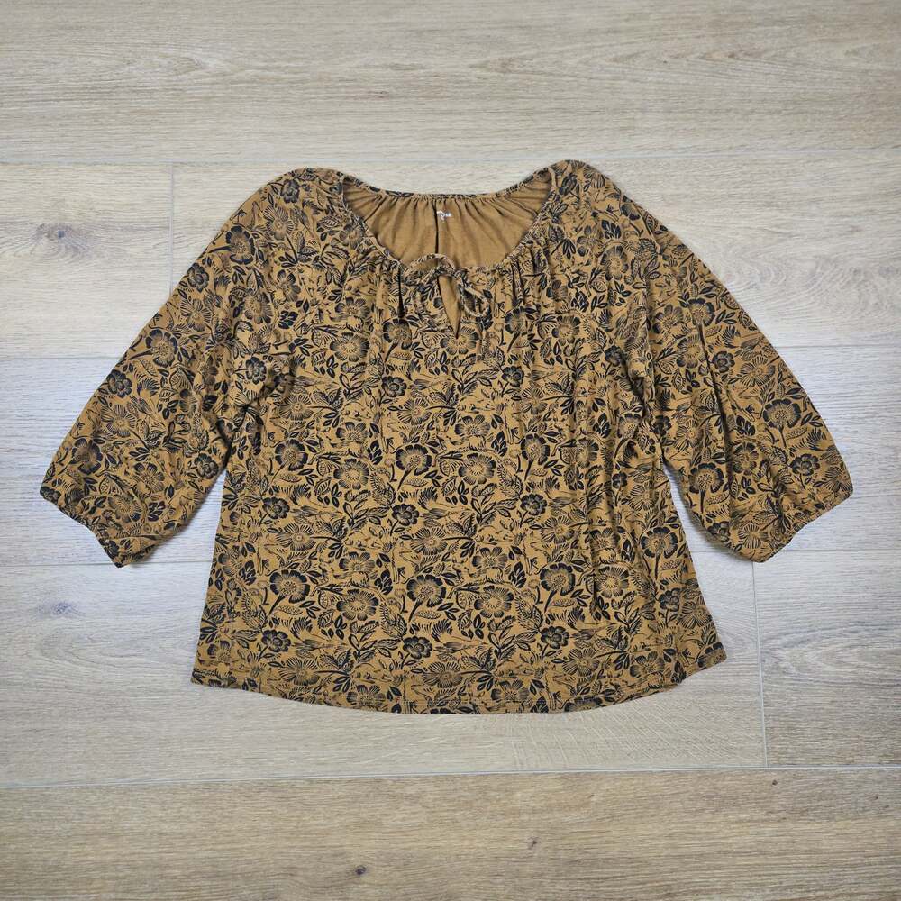 ​Garnet Hill Tencel Floral Peasant Top Blouse L Brown Boho Keyhole 3/4 Sleeve